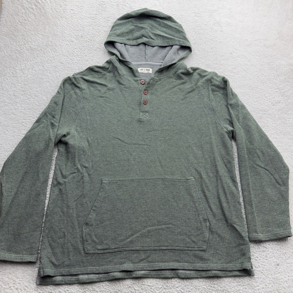Line of Trade Mens XL Green Waffle Knit Henley Hoodie Kangaroo Pocket Cotton